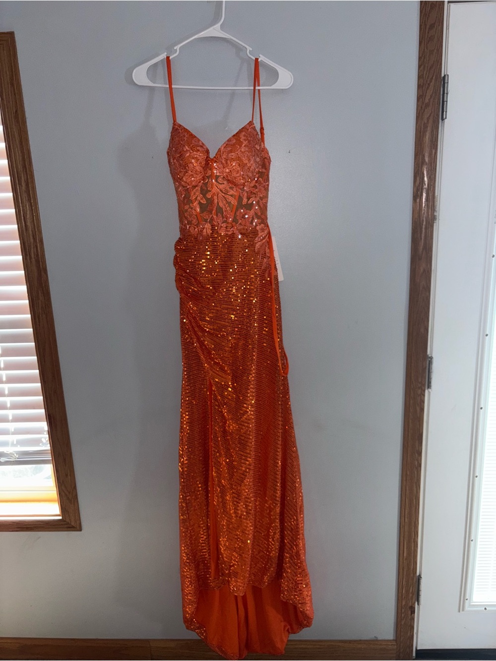 Orange Sequin Embellished Evening Gown